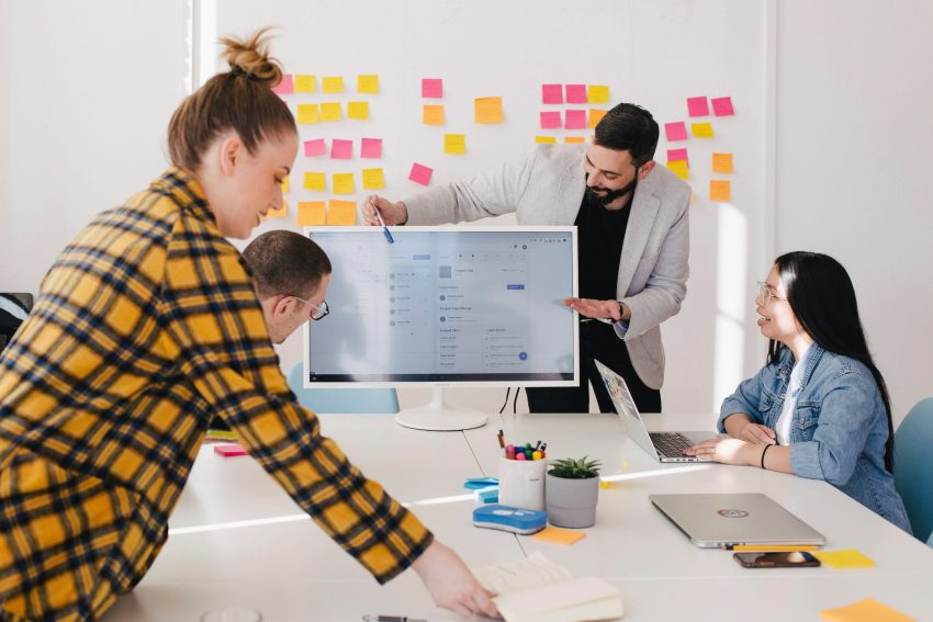 A sales pitch in an office setting 