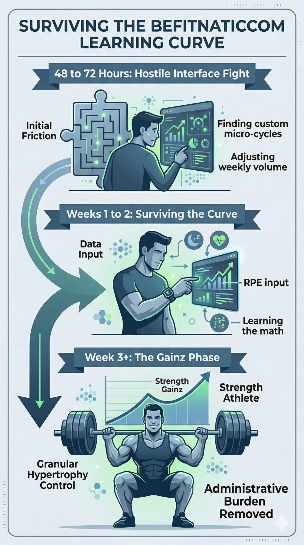 A modern portrait 9:16 flat-vector infographic with cool blues, greens, and grays, illustrating the learning curve timeline for a new user. It is divided into three sections: "48 to 72 Hours: Hostile Interface Fight," "Weeks 1 to 2: Surviving the Curve," and "Week 3+: The Gainz Phase."